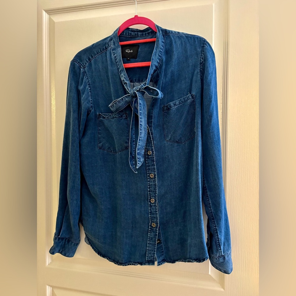 Anthropologie Blue Denim Button-Up Shirt with Bow Tie